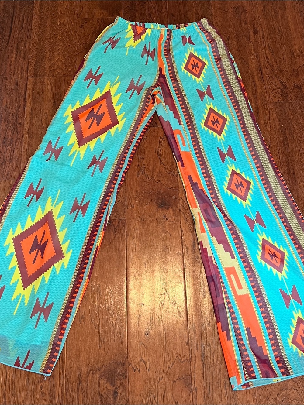Boho Turquoise Aztec Print Wide Leg Pants